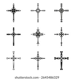 Símbolos de ícone de vetor cruzado cristão.  Abstrato crença religiosa cristã ou ilustração de arte de fé para design ortodoxo ou católico. O símbolo da cruz em vários desenhos usados na tatuagem.