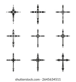 Símbolos de ícone de vetor cruzado cristão.  Abstrato crença religiosa cristã ou ilustração de arte de fé para design ortodoxo ou católico. O símbolo da cruz em vários desenhos usados na tatuagem.