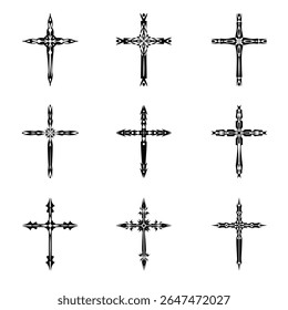 Christian cross vector icon symbols.  Abstract christian religious belief or faith art illustration for orthodox or catholic design. The symbol of the cross in various designs used in tattoo.