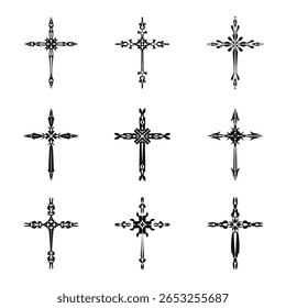 Christian cross vector icon symbols.  Abstract christian religious belief or faith art illustration for orthodox or catholic design. The symbol of the cross in various designs used in tattoo.		