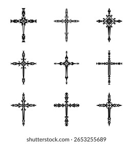 Christian cross vector icon symbols.  Abstract christian religious belief or faith art illustration for orthodox or catholic design. The symbol of the cross in various designs used in tattoo.		