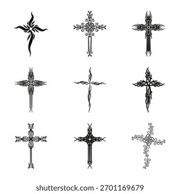 Símbolos de ícone de vetor cruzado cristão.  Abstrato crença religiosa cristã ou ilustração de arte de fé para design ortodoxo ou católico. O símbolo da cruz em vários desenhos usados na tatuagem.