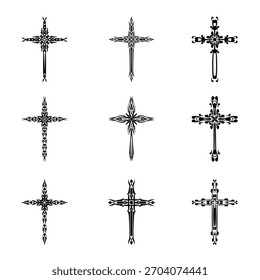 Christian cross vector icon symbols.  Abstract christian religious belief or faith art illustration for orthodox or catholic design. The symbol of the cross in various designs used in tattoo.	