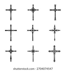 Christian cross vector icon symbols.  Abstract christian religious belief or faith art illustration for orthodox or catholic design. The symbol of the cross in various designs used in tattoo.	