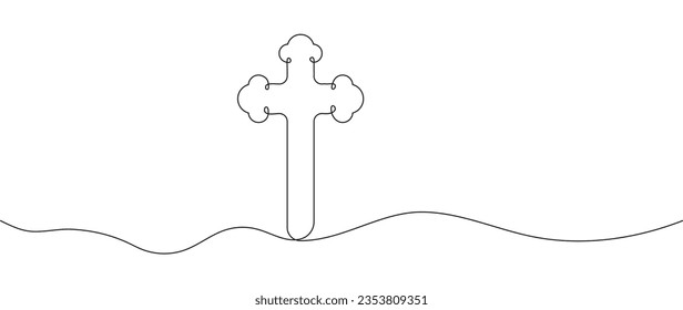 Christian cross vector sign  in continuous line drawing. Christianity religion abstract concept. Easter symbol, funeral procession in sketch style. Funeral icon vector. Tombstone, crypt sign.