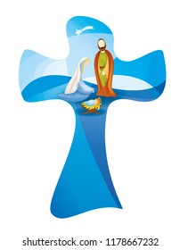 Christian cross whit vector nativity scene. Multiple exposure