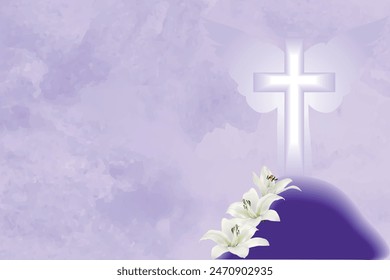 Christian cross and white lilies on a purple background