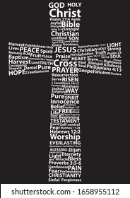 Christian cross in white written with christian words on black background. Vector illustration