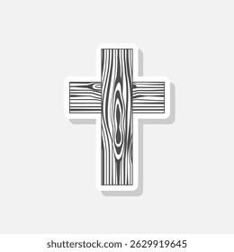 Christian Cross wood icon sticker isolated on gray background