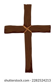 Christian cross with wooden texture, fastened with strings. Design in cartoon style over white background.