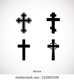 Christian crosses. Catholic, orthodox and celtic cross crucifix. Faith and prayer religious, christ church sign isolated decorative crossed outline resurrection icon set