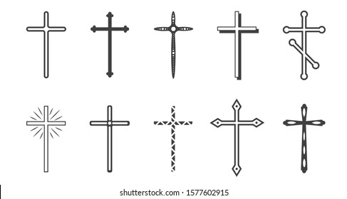 Christian crosses. The cross is a symbol of Christianity. The death of Jesus Christ. Decorative crucifix religion catholic symbol, orthodox faith church cross design, isolated flat vector set.