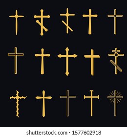 Christian crosses. The cross is a symbol of Christianity. The death of Jesus Christ. Decorative crucifix religion catholic symbol, orthodox faith church cross design, isolated flat vector set.