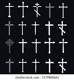 Christian crosses. The cross is a symbol of Christianity. The death of Jesus Christ. Decorative crucifix religion catholic symbol, orthodox faith church cross design, isolated flat vector set.