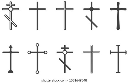 Christian crosses. The cross is a symbol of Christianity. The death of Jesus Christ. Decorative crucifix religion catholic symbol, orthodox faith church cross design, isolated flat vector set.