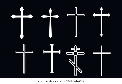 Christian crosses. The cross is a symbol of Christianity. The death of Jesus Christ. Decorative crucifix religion catholic symbol, orthodox faith church cross design, isolated flat vector set.