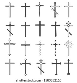 Christian crosses. The cross is a symbol of Christianity. The death of Jesus Christ. Decorative crucifix religion catholic symbol, orthodox faith church cross design, isolated flat vector set.