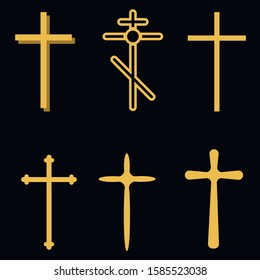 Christian crosses. The cross is a symbol of Christianity. The death of Jesus Christ. Decorative crucifix religion catholic symbol, orthodox faith church cross design, isolated flat vector set.