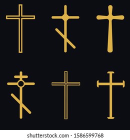 Christian crosses. The cross is a symbol of Christianity. The death of Jesus Christ. Decorative crucifix religion catholic symbol, orthodox faith church cross design, isolated flat vector set.