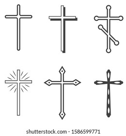 Christian crosses. The cross is a symbol of Christianity. The death of Jesus Christ. Decorative crucifix religion catholic symbol, orthodox faith church cross design, isolated flat vector set.