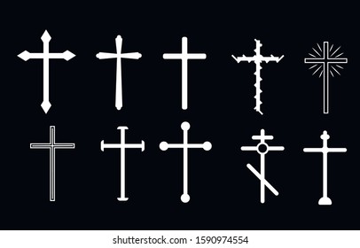 Christian crosses. The cross is a symbol of Christianity. The death of Jesus Christ. Decorative crucifix religion catholic symbol, orthodox faith church cross design, isolated flat vector set.