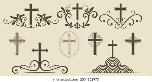 Christian crosses with decorative ornamental elements in vintage or Victorian style. Frames of classic plant and floral elements. Happy Easter! Vector illustration.