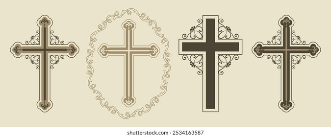 Cruces cristianas con Elementos ornamentales decorativos en estilo vintage o victoriano. Elegantes remolinos florales, florituras, Elementos de plantas. Conjunto. Ilustración vectorial monocromática.