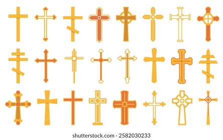 Christian crosses. Different shapes of religious symbols. Catholicism religion. Biblical crucifix. Orthodoxy and Protestantism denominations. Church holy signs. Gold