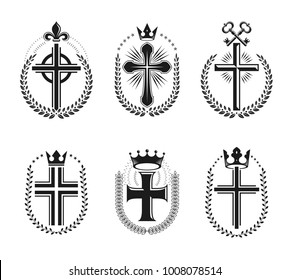 Christian Crosses emblems set. Heraldic vector design elements collection. Retro style label, heraldry logo.