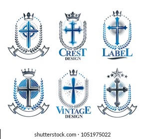 Christian Crosses emblems set. Heraldic vector design elements collection. Retro style label, heraldry logo.