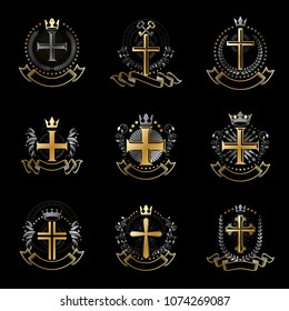 Christian Crosses emblems set. Heraldic Coat of Arms decorative logos isolated vector illustrations collection.