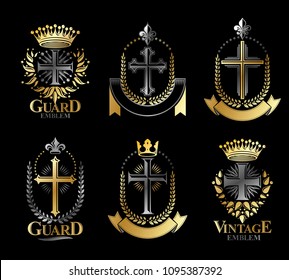 Christian Crosses emblems set. Heraldic vector design elements collection. Retro style label, heraldry logo.