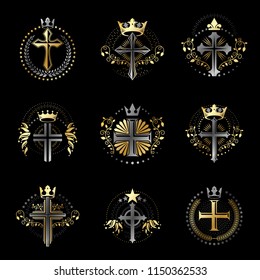 Christian Crosses emblems set. Heraldic Coat of Arms decorative logos isolated vector illustrations collection.