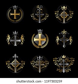 Christian Crosses emblems set. Heraldic Coat of Arms decorative logos isolated vector illustrations collection.