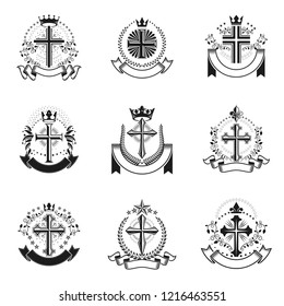 Christian Crosses emblems set. Heraldic Coat of Arms decorative logos isolated vector illustrations collection.