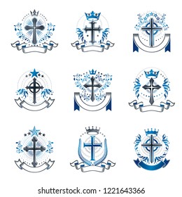 Christian Crosses emblems set. Heraldic Coat of Arms decorative logos isolated vector illustrations collection.