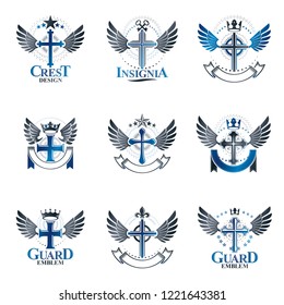 Christian Crosses emblems set. Heraldic Coat of Arms decorative logos isolated vector illustrations collection.