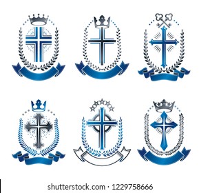 Christian Crosses emblems set. Heraldic vector design elements collection. Retro style label, heraldry logo.