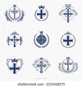 Christian Crosses emblems set. Heraldic Coat of Arms decorative logos isolated vector illustrations collection.