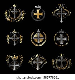 Christian Crosses emblems set. Heraldic Coat of Arms decorative logos isolated vector illustrations collection.