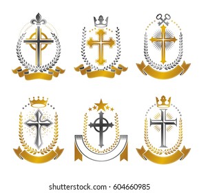 Christian Crosses emblems set. Heraldic vector design elements collection. Retro style label, heraldry logo.