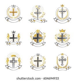 Christian Crosses emblems set. Heraldic Coat of Arms decorative logos isolated vector illustrations collection.