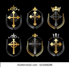 Christian Crosses emblems set. Heraldic vector design elements collection. Retro style label, heraldry logo.