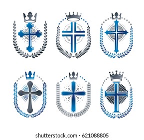 Christian Crosses emblems set. Heraldic vector design elements collection. Retro style label, heraldry logo.