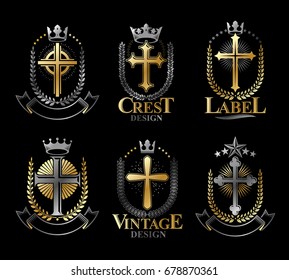Christian Crosses emblems set. Heraldic vector design elements collection. Retro style label, heraldry logo.