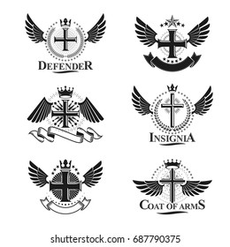 Christian Crosses emblems set. Heraldic Coat of Arms decorative logos isolated vector illustrations collection.
