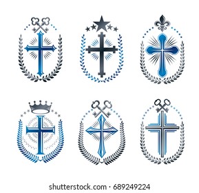 Christian Crosses emblems set. Heraldic vector design elements collection. Retro style label, heraldry logo.