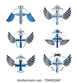 Christian Crosses emblems set. Heraldic Coat of Arms decorative logos isolated vector illustrations collection.