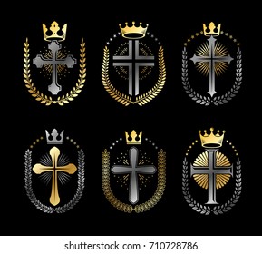 Christian Crosses emblems set. Heraldic vector design elements collection. Retro style label, heraldry logo.