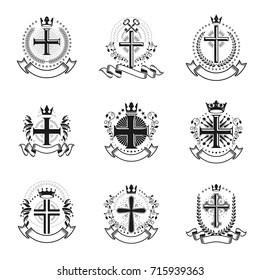 Christian Crosses emblems set. Heraldic Coat of Arms decorative logos isolated vector illustrations collection.